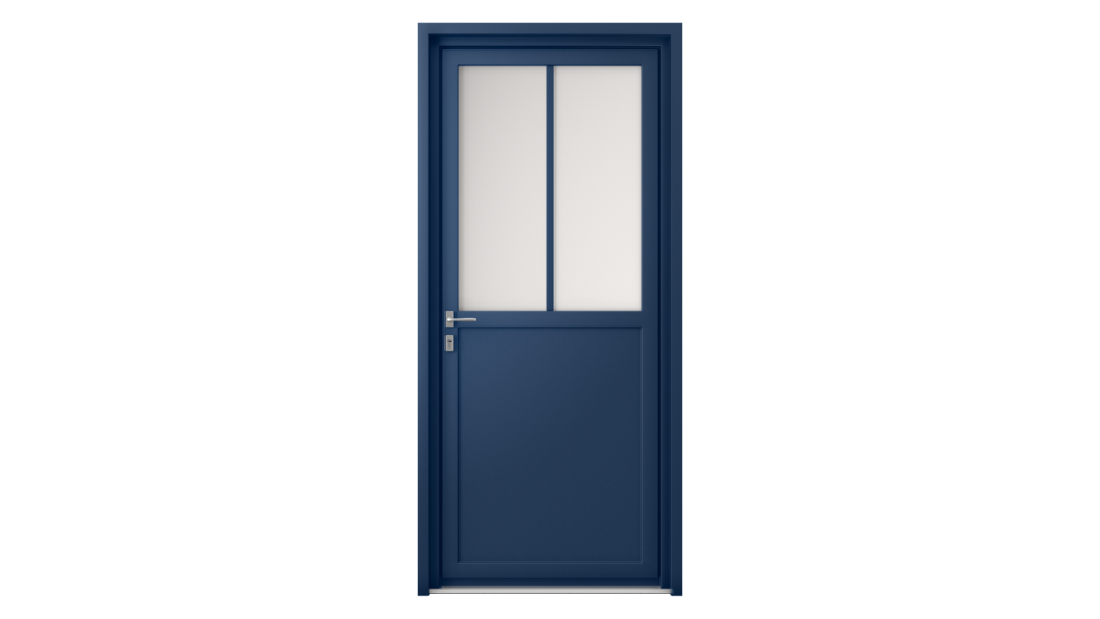 Porte d'entrée parclosé gamme lumière AMELIA 2 Porte d'entrée bleu marine avec panneau plein en partie basse et 2 parois vitrées en partie haute
